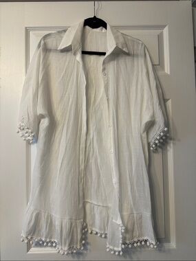SHEIN White PompomTrim Button-Front Swim Coverup. Size L but fits like S/M
